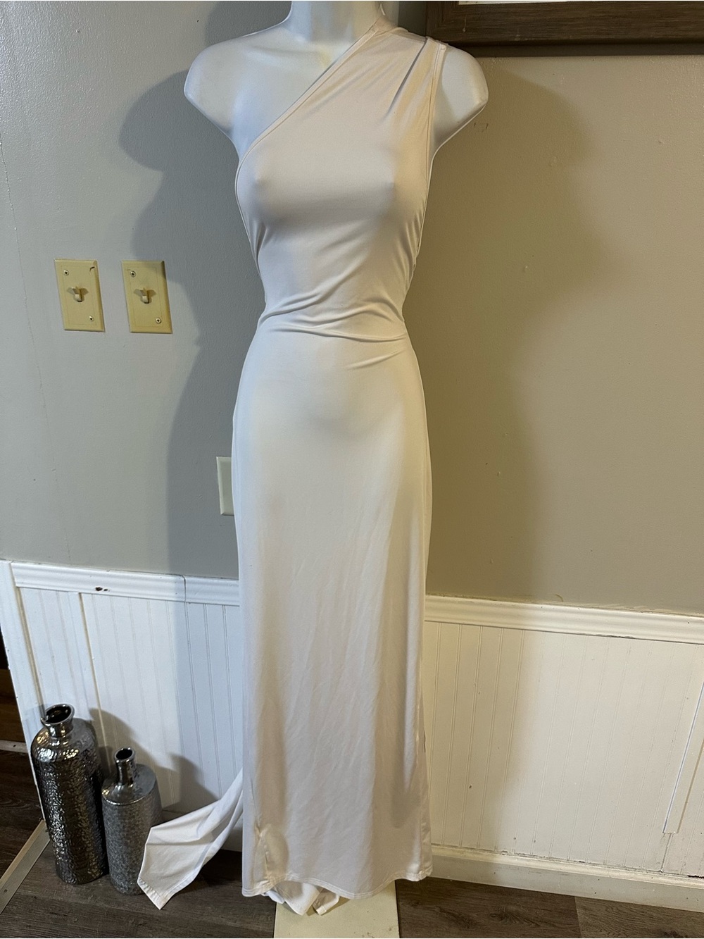 One-Shoulder Cream Evening Maxi Dress
